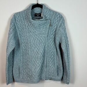 The Irish Store 100% Merino Wool Chunky Knit Full Zip Cardigan Aqua Women L $149